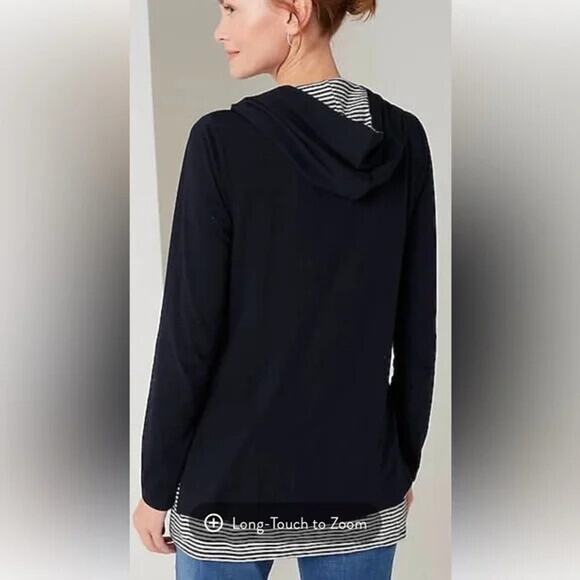 J. Jill Size XL Layered Stripe Hooded Top Navy Blue Cotton Modal - Picture 2 of 9